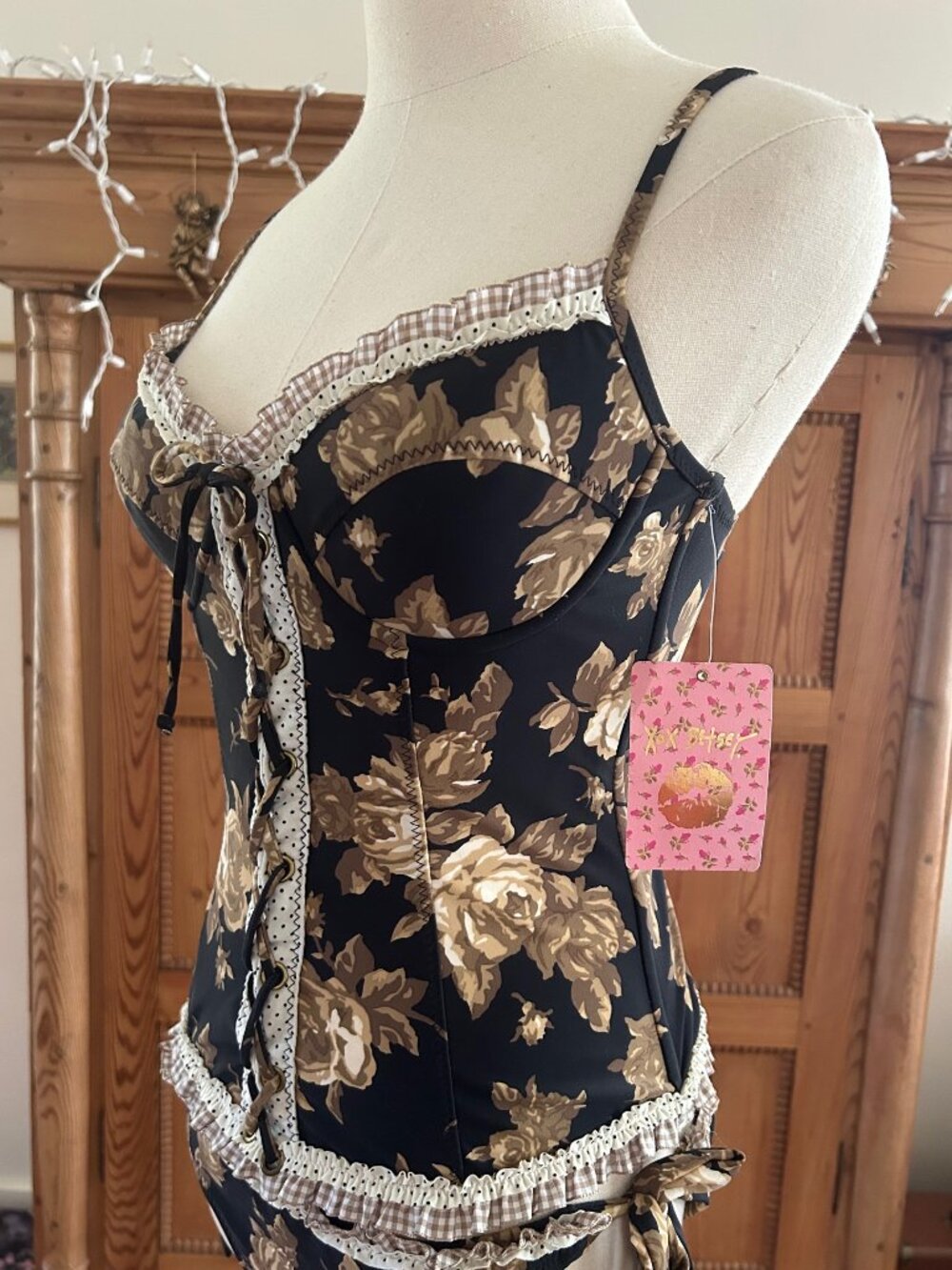 Vintage Betsey Johnson Golden Roses Corset with Bottoms Bikini Set - Picture 2 of 15